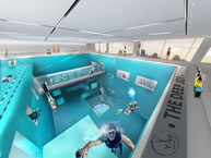 The world's deepest swimming pool for diving measures 21 X 18 meters (69 X 59 feet) and has a maximum depth of 40 meters (131 feet), contains 4,300 cubic meters of spa water and is kept at the constant temperature of 32 to 34 Celsius (about 90 degrees fahrenheit).